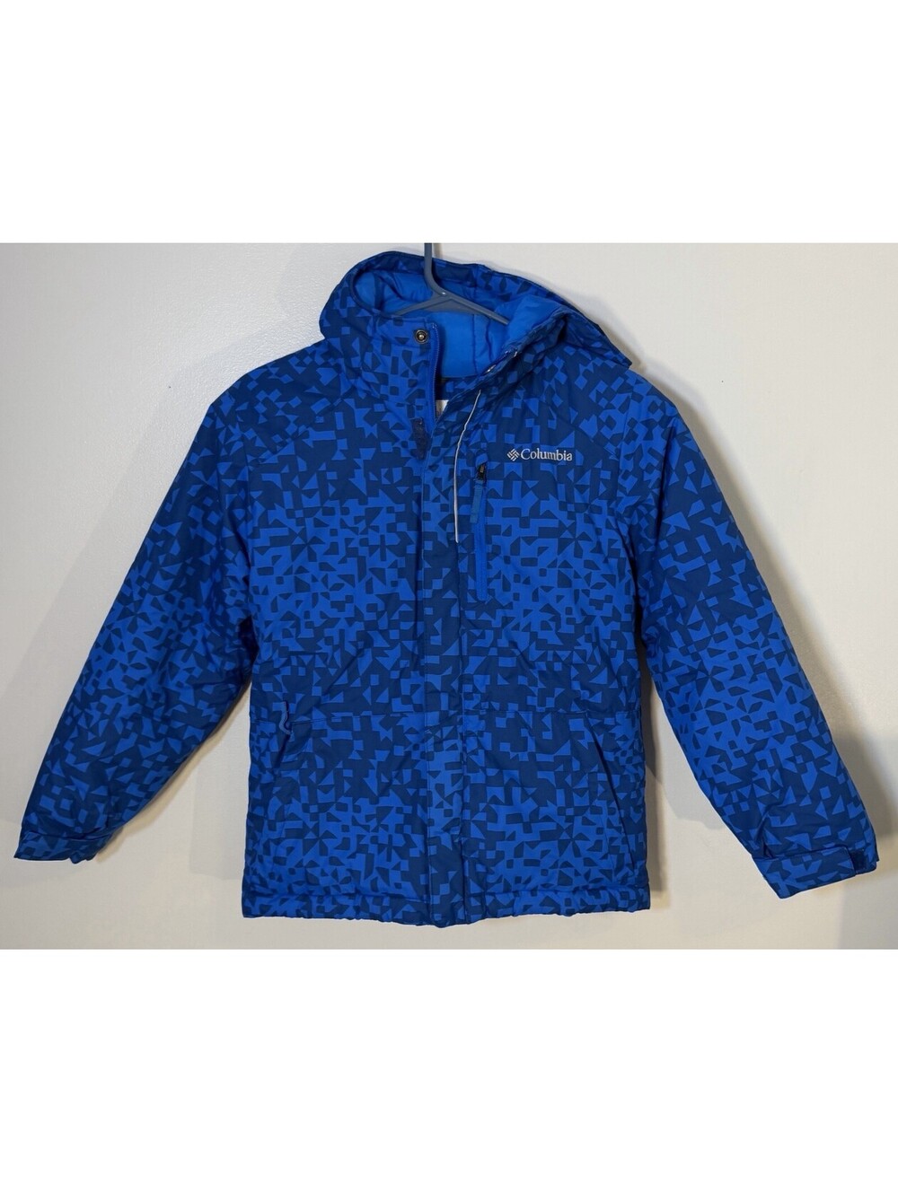 Columbia Boys 8 Lightning Lift Winter Ski Jacket Blue Geometric Puffer Coat EUC